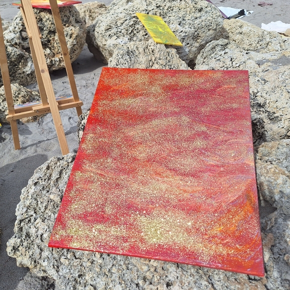 Acrylic Painting On Canvas Glowing Gold Red Sunset 24" x 30" - Picture 11 of 11